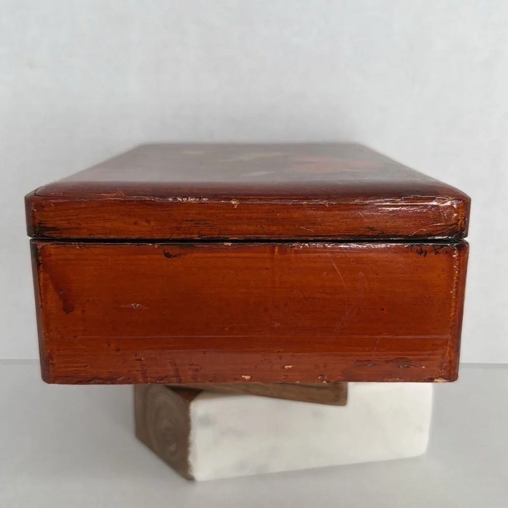 Antique Japanese Hand-Painted Cinnabar-Red Lacquered Box No Key